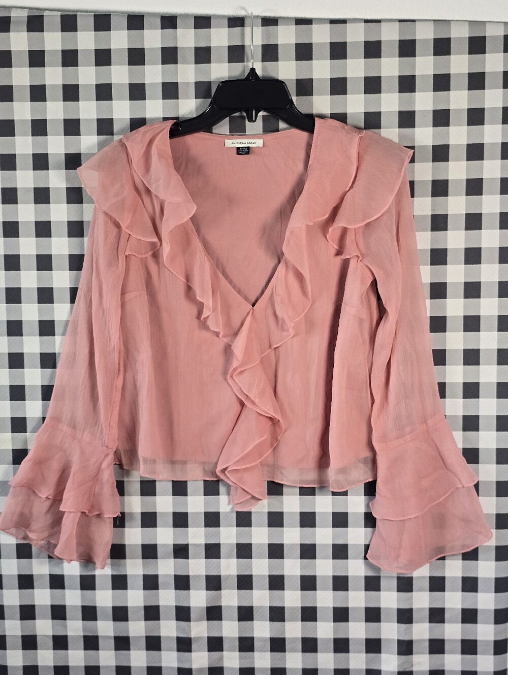 American Eagle Women’s Small Pink Ruffle Blouse Bell Sleeve Sheer Boho Top Y2k